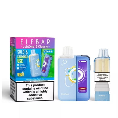 Elf Bar JoinOne15 Vape Kit Blueberry Sour Raspberry Flavour with a 2ml pod and 10ml Refill Container giving up to 20,000 Puffs - 1000mAh + 150mAh Battery powering 3 different Power Modes (Base - Mid - Turbo) and a Dynamic HD Screen.