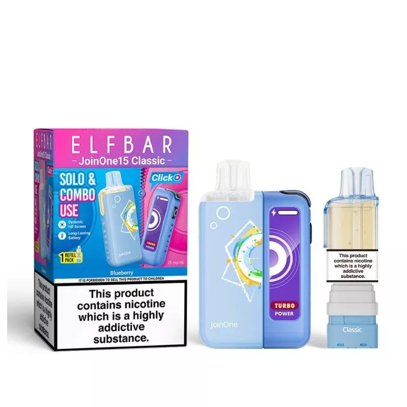 Elf Bar JoinOne15 Vape Kit Blueberry Flavour with a 2ml pod and 10ml Refill Container giving up to 20,000 Puffs - 1000mAh + 150mAh Battery powering 3 different Power Modes (Base - Mid - Turbo) and a Dynamic HD Screen.