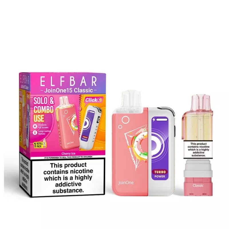 Elf Bar JoinOne15 Vape Kit Cherry Ice Flavour with a 2ml pod and 10ml Refill Container giving up to 20,000 Puffs - 1000mAh + 150mAh Battery powering 3 different Power Modes (Base - Mid - Turbo) and a Dynamic HD Screen.