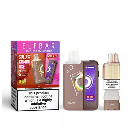 Elf Bar JoinOne15 Vape Kit Cola Flavour with a 2ml pod and 10ml Refill Container giving up to 20,000 Puffs - 1000mAh + 150mAh Battery powering 3 different Power Modes (Base - Mid - Turbo) and a Dynamic HD Screen.