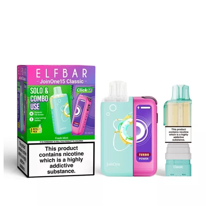 Elf Bar JoinOne15 Vape Kit Fresh Mint Flavour with a 2ml pod and 10ml Refill Container giving up to 20,000 Puffs - 1000mAh + 150mAh Battery powering 3 different Power Modes (Base - Mid - Turbo) and a Dynamic HD Screen.