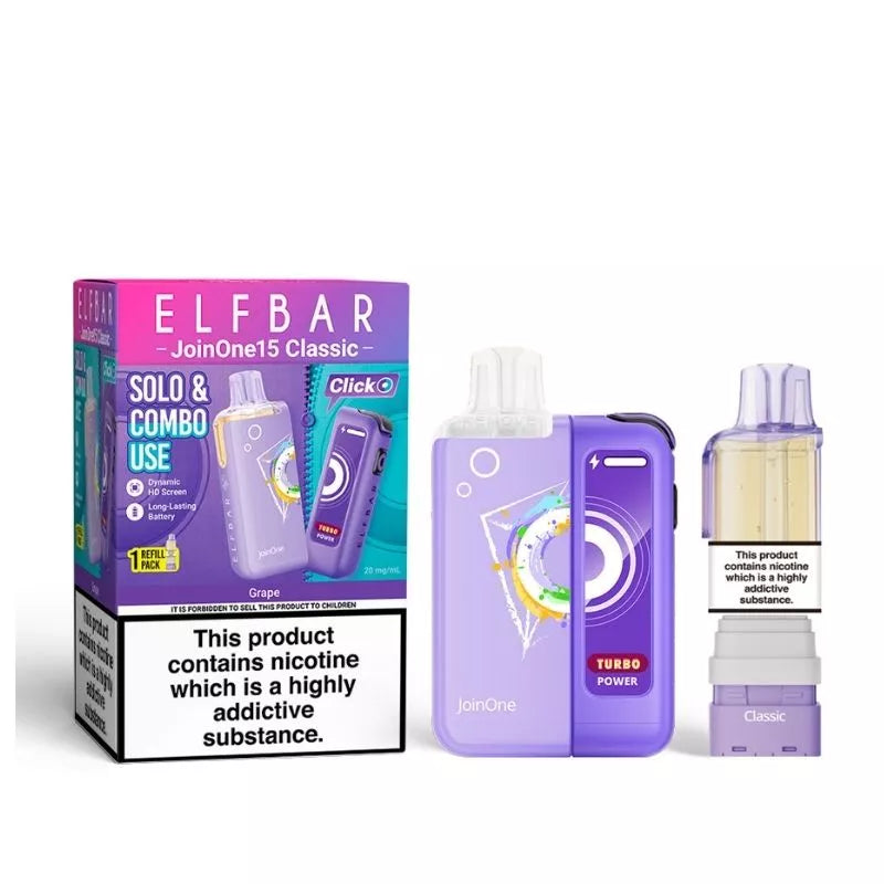 Elf Bar JoinOne15 Vape Kit Grape Flavour with a 2ml pod and 10ml Refill Container giving up to 20,000 Puffs - 1000mAh + 150mAh Battery powering 3 different Power Modes (Base - Mid - Turbo) and a Dynamic HD Screen.