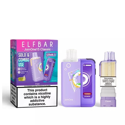 Elf Bar JoinOne15 Vape Kit Grape Flavour with a 2ml pod and 10ml Refill Container giving up to 20,000 Puffs - 1000mAh + 150mAh Battery powering 3 different Power Modes (Base - Mid - Turbo) and a Dynamic HD Screen.