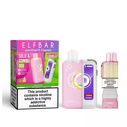 Elf Bar JoinOne15 Vape Kit Juicy Peach Flavour with a 2ml pod and 10ml Refill Container giving up to 20,000 Puffs - 1000mAh + 150mAh Battery powering 3 different Power Modes (Base - Mid - Turbo) and a Dynamic HD Screen.