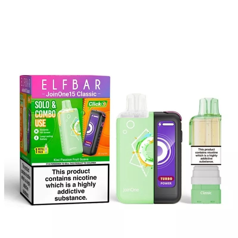 Elf Bar JoinOne15 Vape Kit Kiwi Passion Fruit Guava Flavour with a 2ml pod and 10ml Refill Container giving up to 20,000 Puffs - 1000mAh + 150mAh Battery powering 3 different Power Modes (Base - Mid - Turbo) and a Dynamic HD Screen.