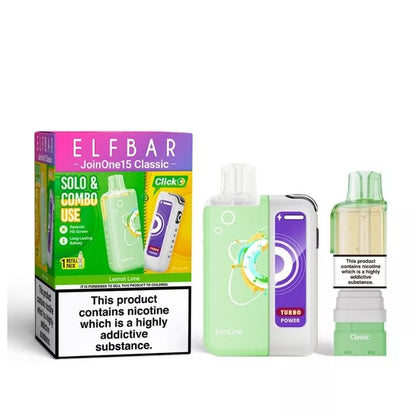 Elf Bar JoinOne15 Vape Kit Lemon Lime Flavour with a 2ml pod and 10ml Refill Container giving up to 20,000 Puffs - 1000mAh + 150mAh Battery powering 3 different Power Modes (Base - Mid - Turbo) and a Dynamic HD Screen.
