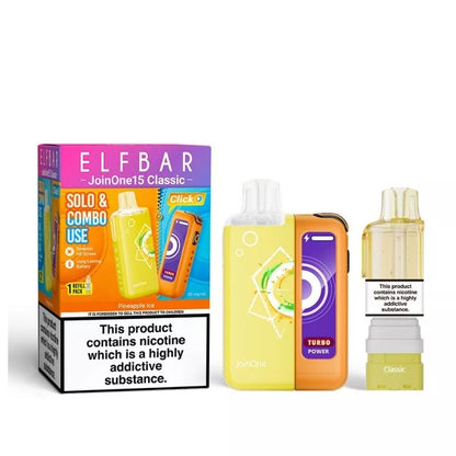Elf Bar JoinOne15 Vape Kit Pineapple Ice Flavour with a 2ml pod and 10ml Refill Container giving up to 20,000 Puffs - 1000mAh + 150mAh Battery powering 3 different Power Modes (Base - Mid - Turbo) and a Dynamic HD Screen.