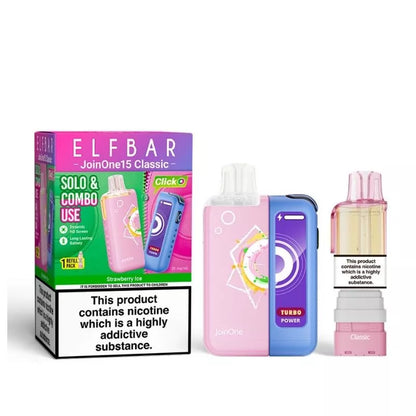 Elf Bar JoinOne15 Vape Kit Strawberry Ice Flavour with a 2ml pod and 10ml Refill Container giving up to 20,000 Puffs - 1000mAh + 150mAh Battery powering 3 different Power Modes (Base - Mid - Turbo) and a Dynamic HD Screen.