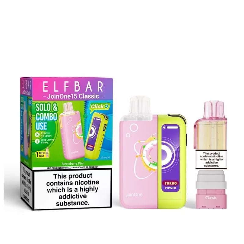 Elf Bar JoinOne15 Vape Kit Strawberry Kiwi Flavour with a 2ml pod and 10ml Refill Container giving up to 20,000 Puffs - 1000mAh + 150mAh Battery powering 3 different Power Modes (Base - Mid - Turbo) and a Dynamic HD Screen.