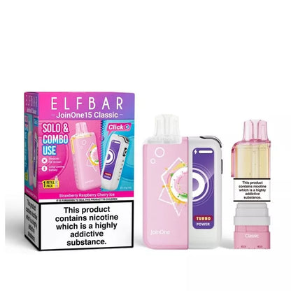 Elf Bar JoinOne15 Vape Kit Strawberry Raspberry Cherry Ice Flavour with a 2ml pod and 10ml Refill Container giving up to 20,000 Puffs - 1000mAh + 150mAh Battery powering 3 different Power Modes (Base - Mid - Turbo) and a Dynamic HD Screen.