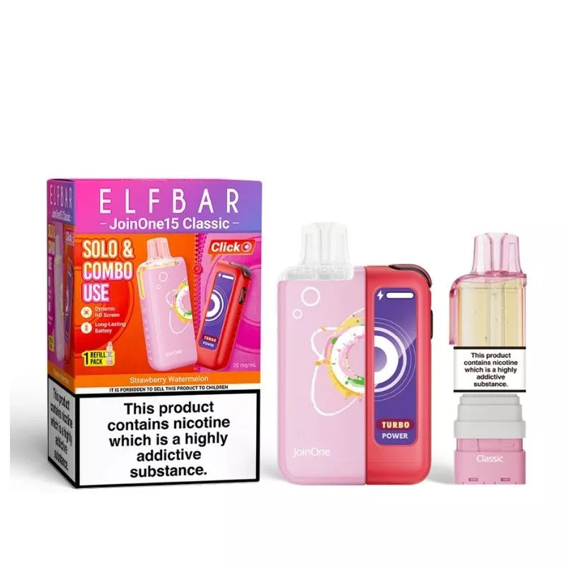 Elf Bar JoinOne15 Vape Kit Strawberry Watermelon Flavour with a 2ml pod and 10ml Refill Container giving up to 20,000 Puffs - 1000mAh + 150mAh Battery powering 3 different Power Modes (Base - Mid - Turbo) and a Dynamic HD Screen.