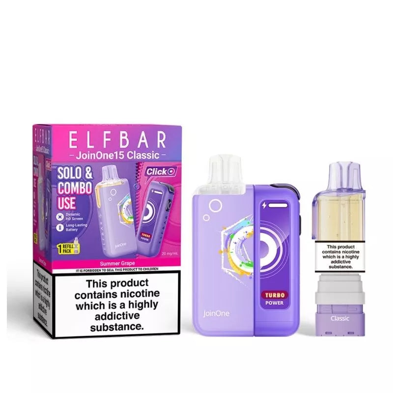 Elf Bar JoinOne15 Vape Kit Summer Grape Flavour with a 2ml pod and 10ml Refill Container giving up to 20,000 Puffs - 1000mAh + 150mAh Battery powering 3 different Power Modes (Base - Mid - Turbo) and a Dynamic HD Screen.