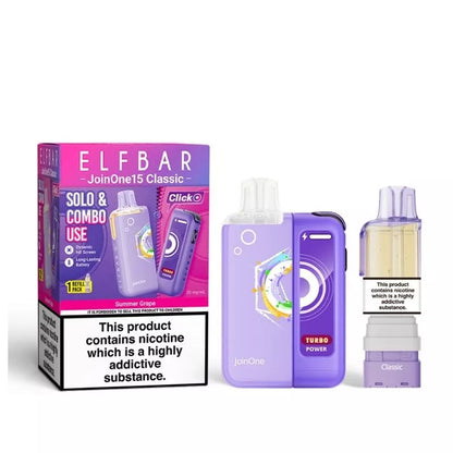 Elf Bar JoinOne15 Vape Kit Summer Grape Flavour with a 2ml pod and 10ml Refill Container giving up to 20,000 Puffs - 1000mAh + 150mAh Battery powering 3 different Power Modes (Base - Mid - Turbo) and a Dynamic HD Screen.