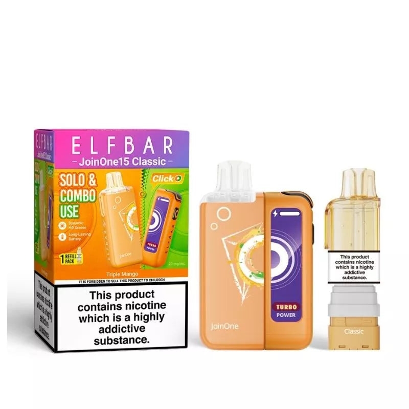 Elf Bar JoinOne15 Vape Kit Triple Mango Flavour with a 2ml pod and 10ml Refill Container giving up to 20,000 Puffs - 1000mAh + 150mAh Battery powering 3 different Power Modes (Base - Mid - Turbo) and a Dynamic HD Screen.