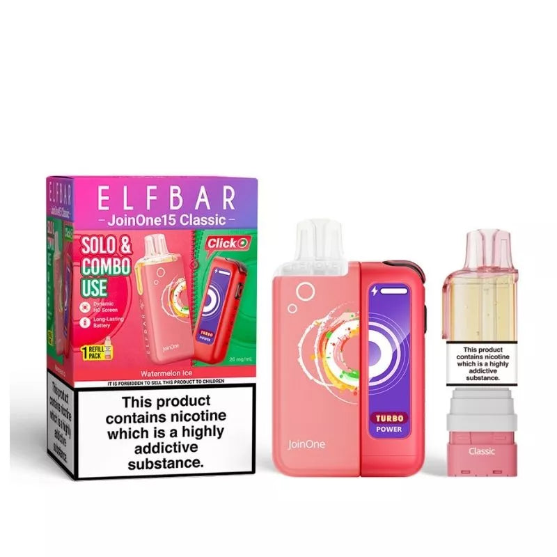 Elf Bar JoinOne15 Vape Kit Watermelon Ice Flavour with a 2ml pod and 10ml Refill Container giving up to 20,000 Puffs - 1000mAh + 150mAh Battery powering 3 different Power Modes (Base - Mid - Turbo) and a Dynamic HD Screen.