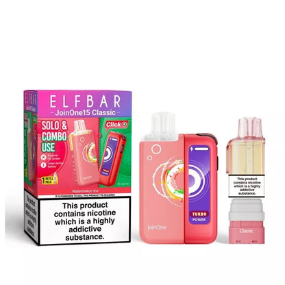 Elf Bar JoinOne15 Vape Kit Watermelon Ice Flavour with a 2ml pod and 10ml Refill Container giving up to 20,000 Puffs - 1000mAh + 150mAh Battery powering 3 different Power Modes (Base - Mid - Turbo) and a Dynamic HD Screen.