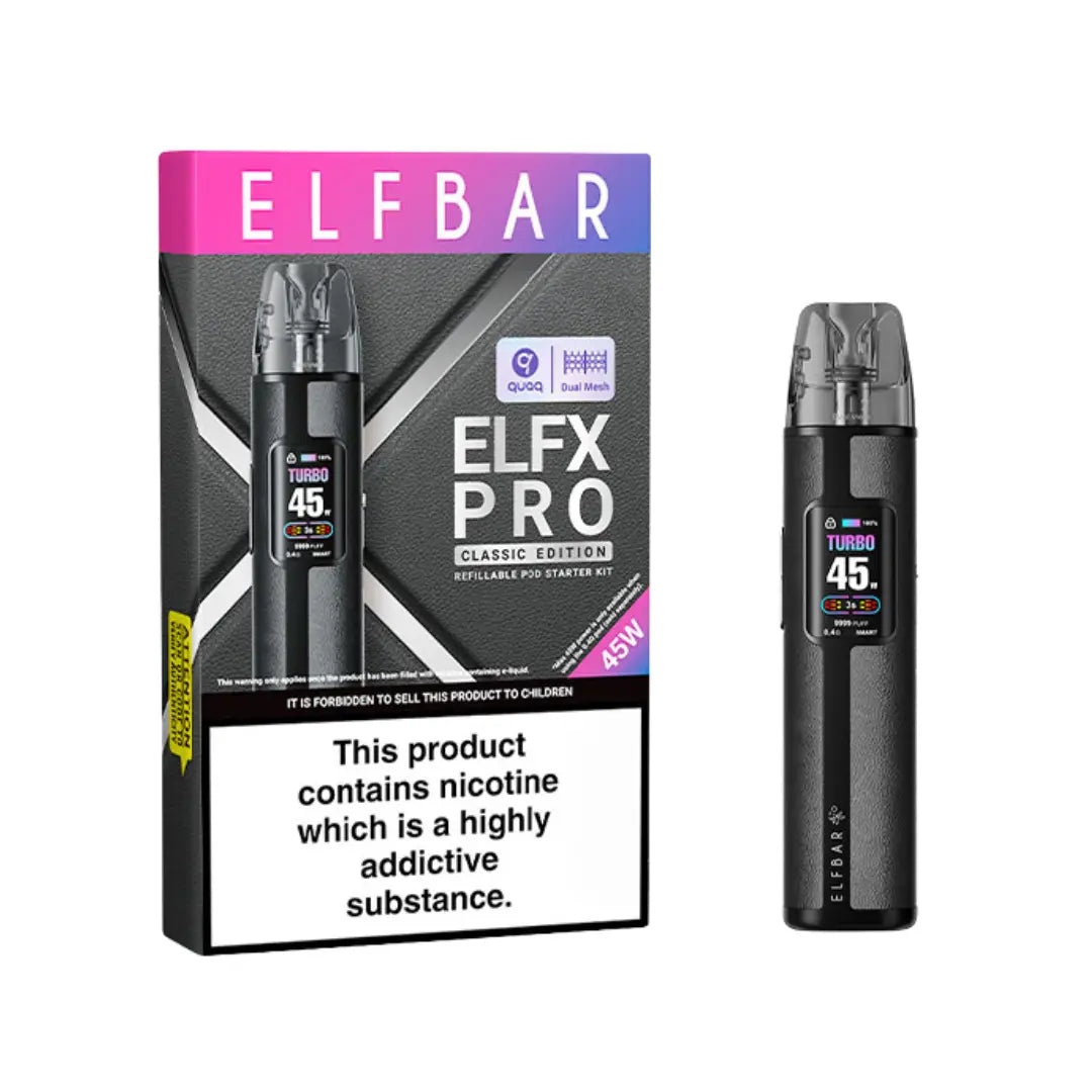 Elf Bar ELFX Pro Classic Edition Refillable Pod Starter Kit packaging and device in Black Colour - Elf Bar - Elf Bar Vape