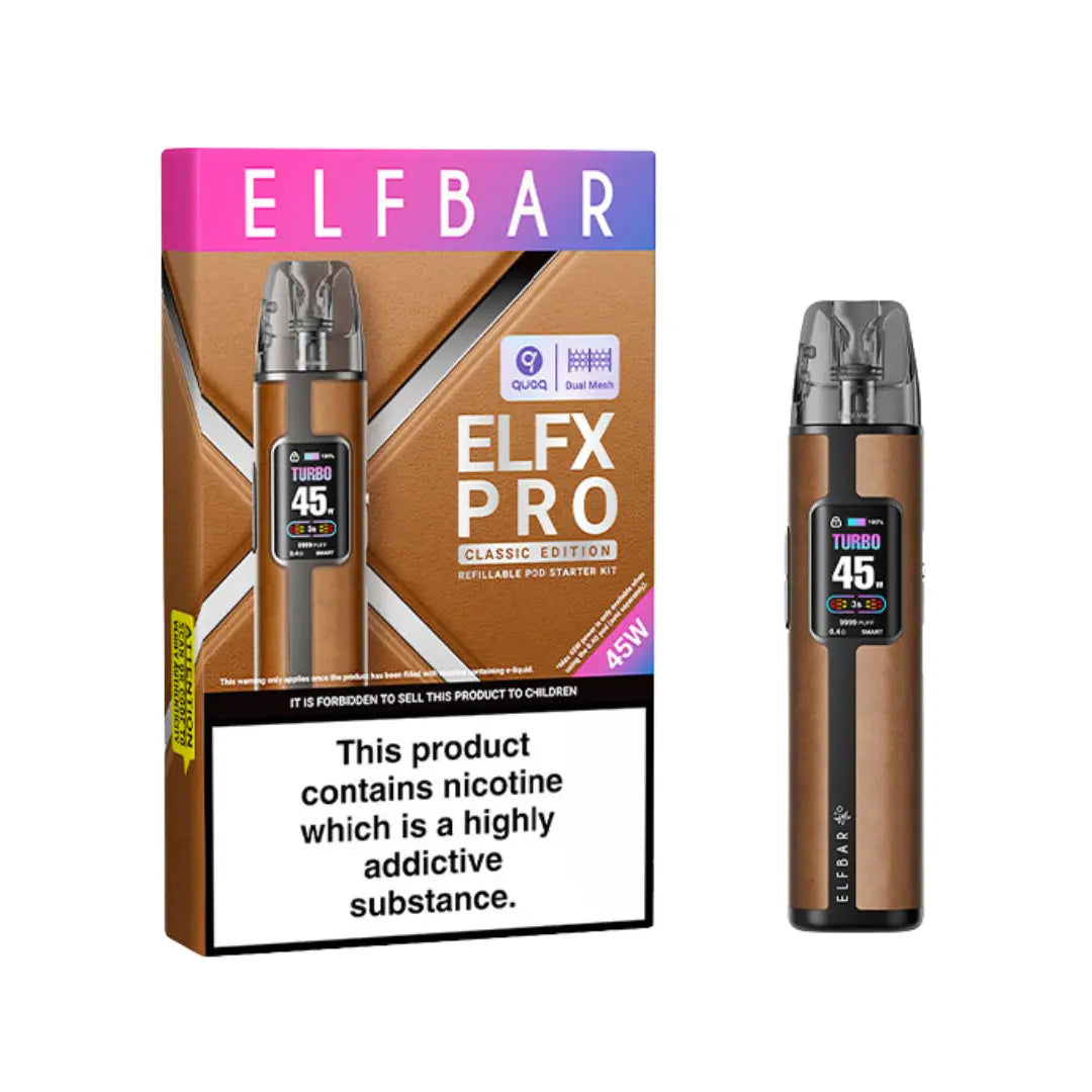 Elf Bar ELFX Pro Classic Edition Refillable Pod Starter Kit packaging and device in Cowboy Brown Colour - Elf Bar - Elf Bar Vape