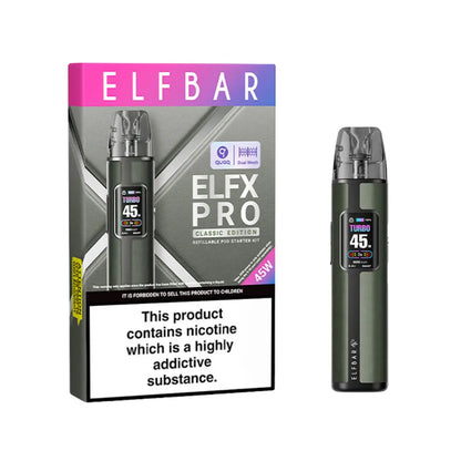 Elf Bar ELFX Pro Classic Edition Refillable Pod Starter Kit packaging and device in Cowboy Gray Colour - Elf Bar - Elf Bar Vape