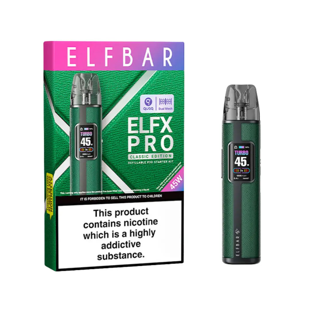 Elf Bar ELFX Pro Classic Edition Refillable Pod Starter Kit packaging and device in Forest Colour - Elf Bar - Elf Bar Vape