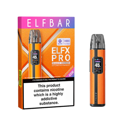 Elf Bar ELFX Pro Classic Edition Refillable Pod Starter Kit packaging and device in Orange Colour - Elf Bar - Elf Bar Vape