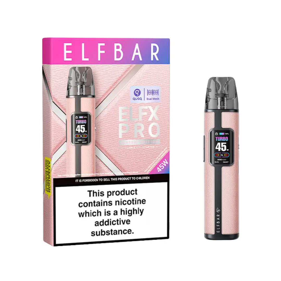 Elf Bar ELFX Pro Classic Edition Refillable Pod Starter Kit packaging and device in Pink Colour - Elf Bar - Elf Bar Vape