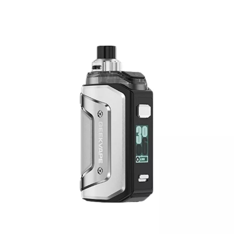 Geekvape Aegis Hero 5 Pod Vape Kit in steel silver colour - great for nic salt e-liquids or 50VG/50PG Shortfill Vape Juices