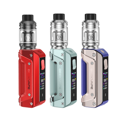 Three Geekvape Aegis Solo 3 vapes in red, teal, and silver 