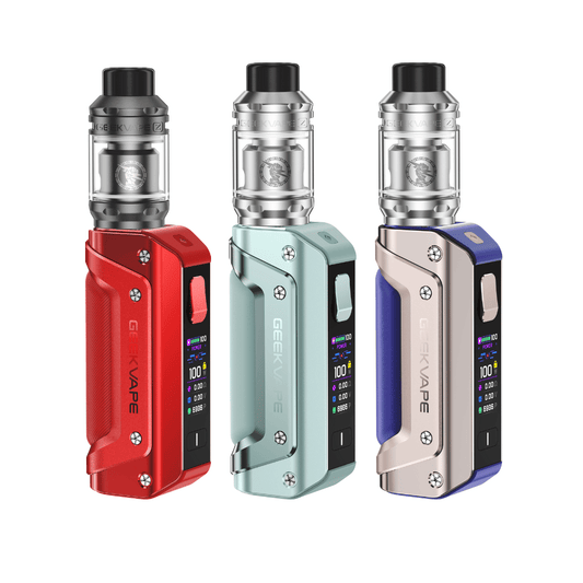 Three Geekvape Aegis Solo 3 vapes in red, teal, and silver 