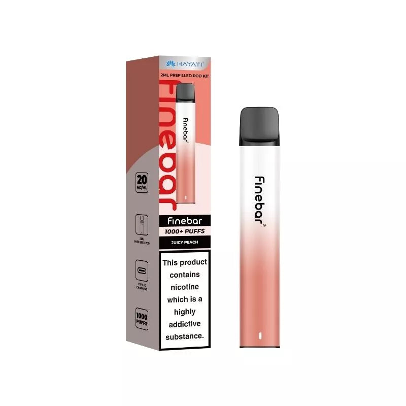 Hayati Finebar 1000 Puff Pod Kit Juicy Peach Flavour with 500mAh Built-in Battery with replaceable 2ml Prefilled Pod