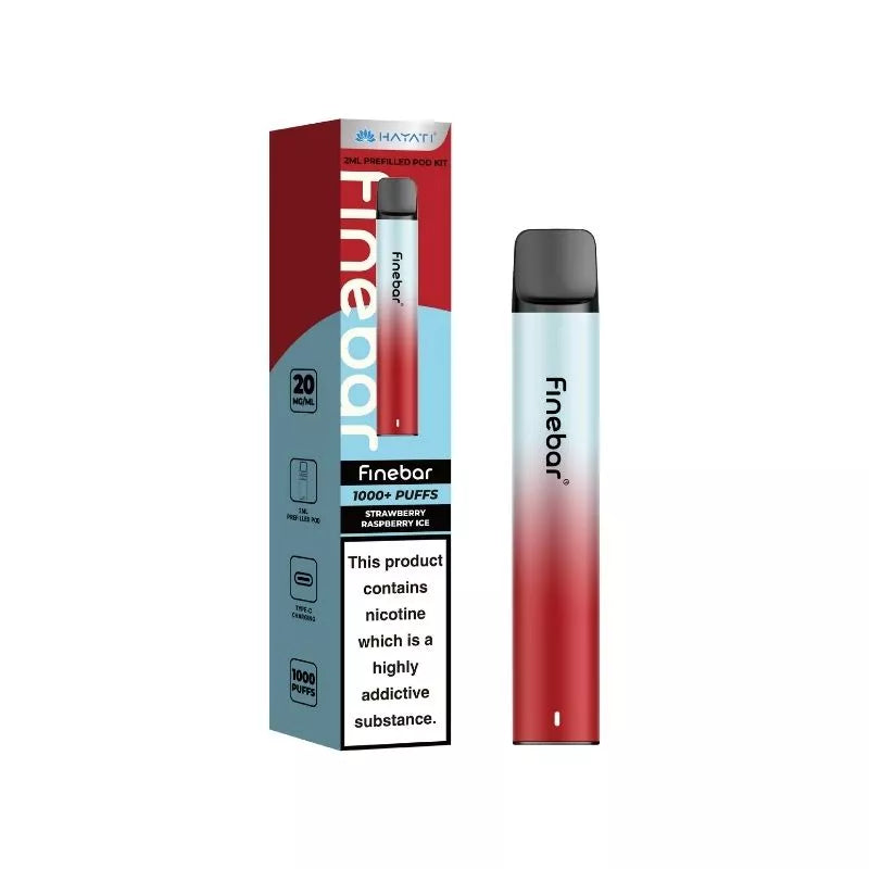 Hayati Finebar 1000 Puff Pod Kit Strawberry Raspberry Ice Flavour with 500mAh Built-in Battery with replaceable 2ml Prefilled Pod