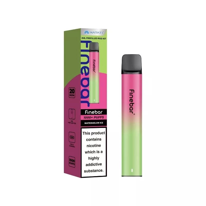 Hayati Finebar 1000 Puff Pod Kit Watermelon Ice Flavour with 500mAh Built-in Battery with replaceable 2ml Prefilled Pod