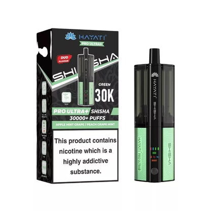 Hayati Pro Ultra Plus Shisha 30k Puff Prefilled Pod Kit Duo Flavours Apple mint Grape & Peach Grape mint with a built-in 900mAh Battery