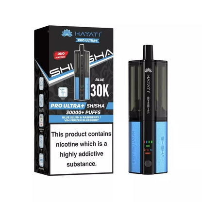 Hayati Pro Ultra Plus Shisha 30k Puff Prefilled Pod Kit Duo Flavours Blue Slush & raspberry / vim frozen blueberry with a built-in 900mAh Battery