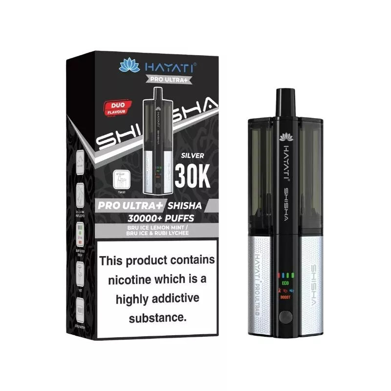 Hayati Pro Ultra Plus Shisha 30k Puff Prefilled Pod Kit Duo Flavours Bru Ice lemon mint / Bru Ice & rubi lychee with a built-in 900mAh Battery