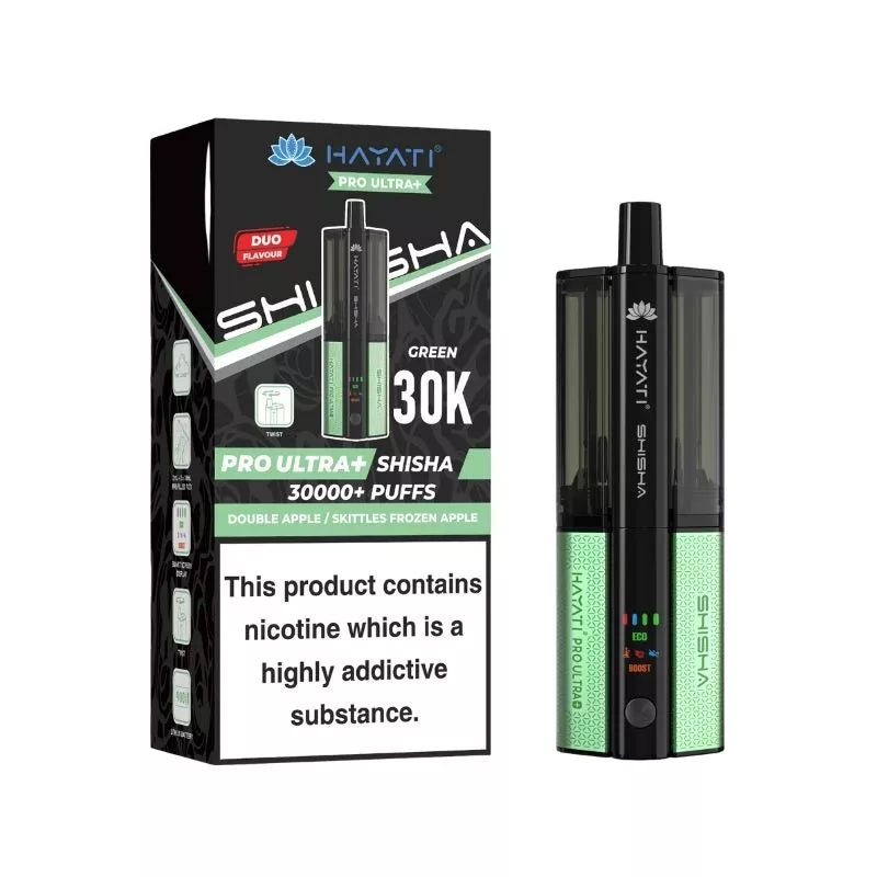 Hayati Pro Ultra Plus Shisha 30k Puff Prefilled Pod Kit Duo Flavours Double Apple / Skittles Frozen Apple with a built-in 900mAh Battery