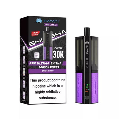 Hayati Pro Ultra Plus Shisha 30k Puff Prefilled Pod Kit Grape & Mint Flavour with a built-in 900mAh Battery