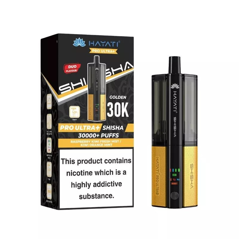 Hayati Pro Ultra Plus Shisha 30k Puff Prefilled Pod Kit Duo Flavours raspberry kiwi fresh mist & kiwi orange mint with a built-in 900mAh Battery
