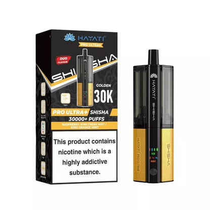 Hayati Pro Ultra Plus Shisha 30k Puff Prefilled Pod Kit Duo Flavours raspberry kiwi fresh mist & kiwi orange mint with a built-in 900mAh Battery