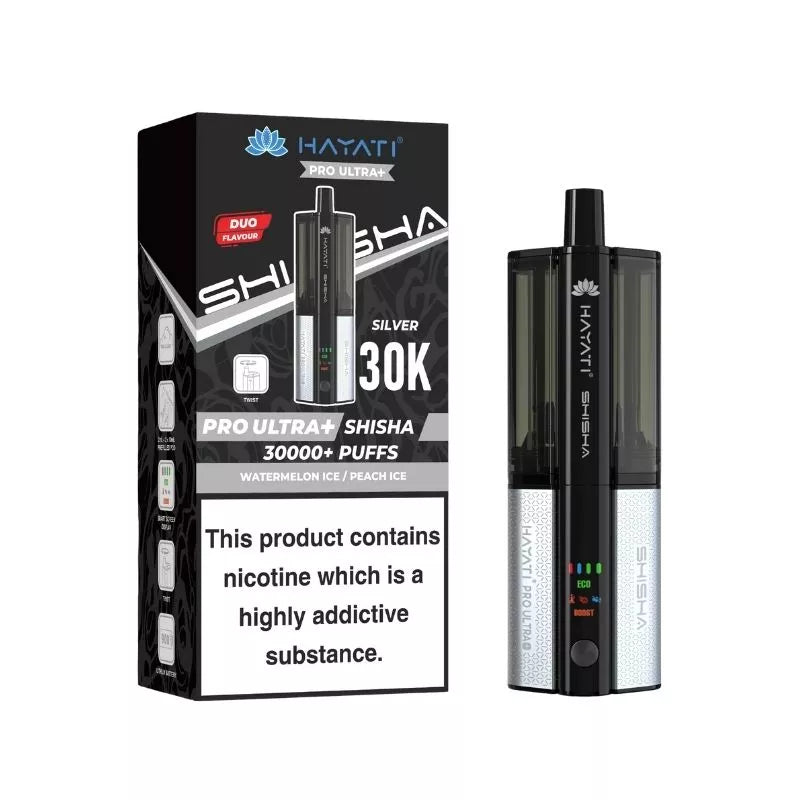 Hayati Pro Ultra Plus Shisha 30k Puff Prefilled Pod Kit Duo Flavours watermelon ice & peach ice with a built-in 900mAh Battery