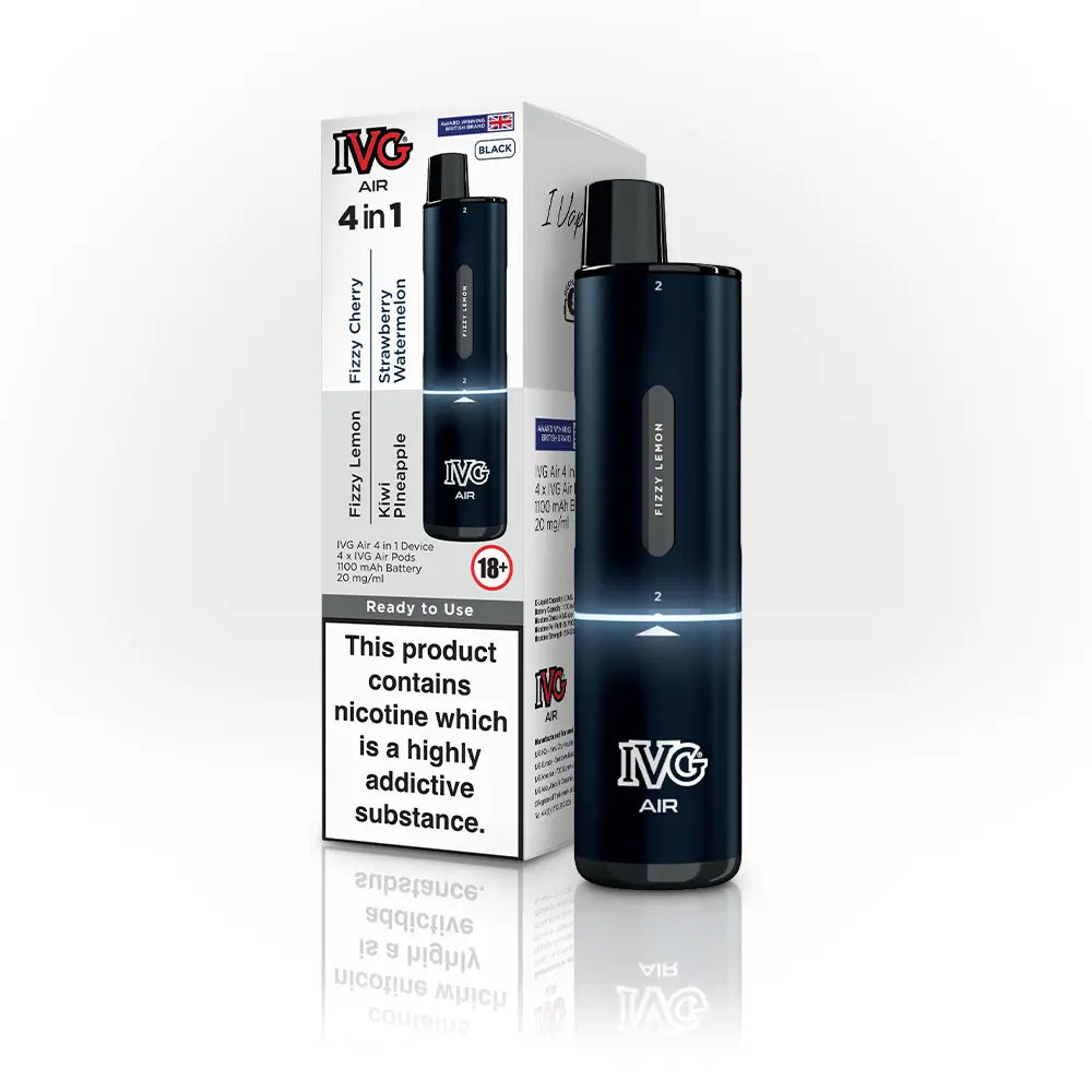 IVG Air 4 in 1 prefilled pod vape kit, black edition, with packaging and device displayed.
