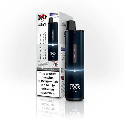 IVG Air 4 in 1 prefilled pod vape kit, black edition, with packaging and device displayed.