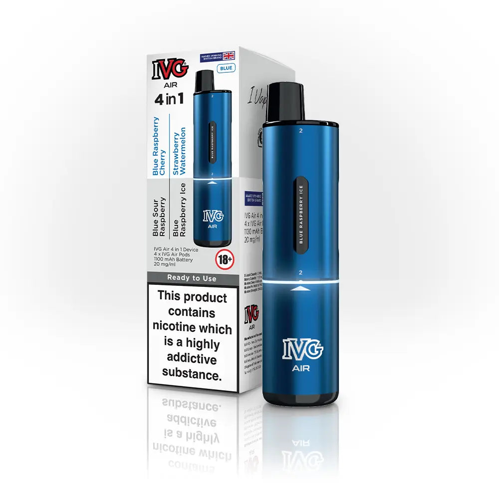 IVG Air 4-in-1 prefilled pod vape kit, blue edition, with packaging in the background.