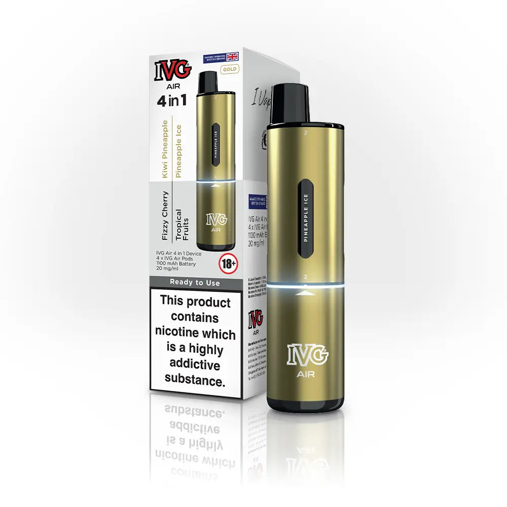 IVG AIR 4 in 1 Gold Edition vape kit with packaging, featuring nicotine warning.