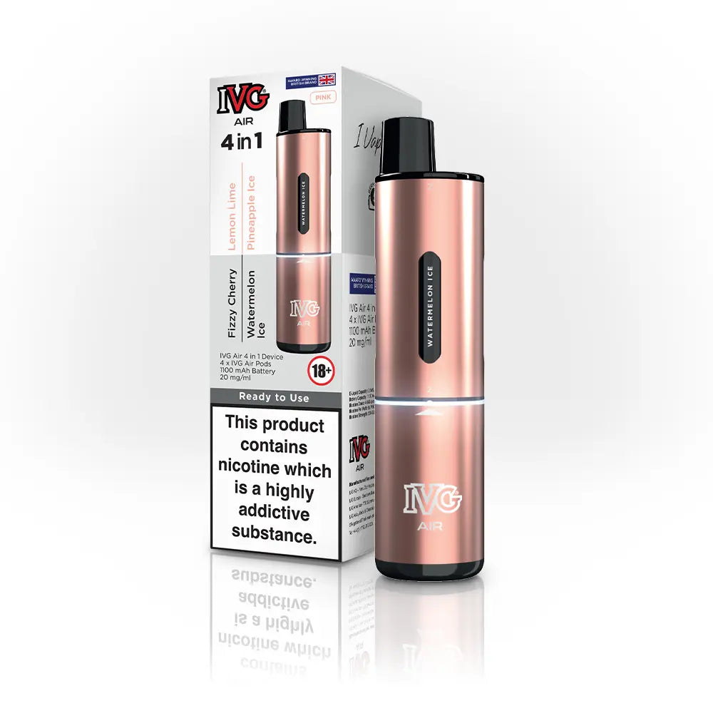 IVG Air 4-in-1 prefilled pod vape kit, pink edition, with packaging and device displayed.