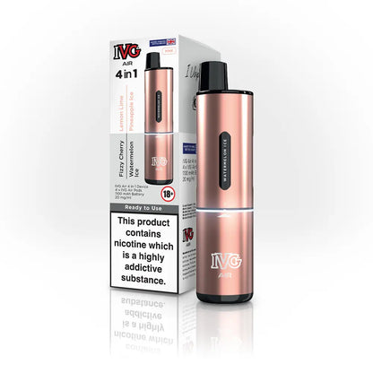 IVG Air 4-in-1 prefilled pod vape kit, pink edition, with packaging and device displayed.