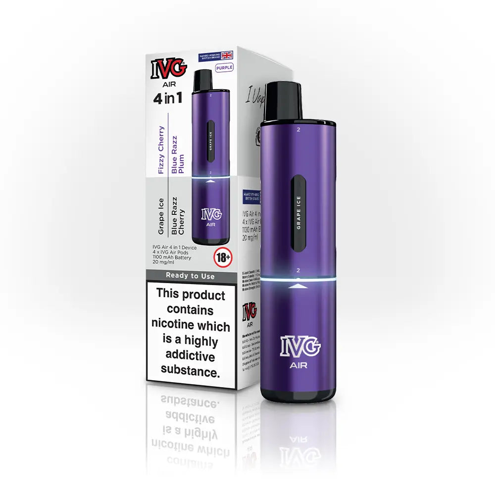 Purple IVG Air 4-in-1 prefilled pod vape kit with packaging showing flavours.