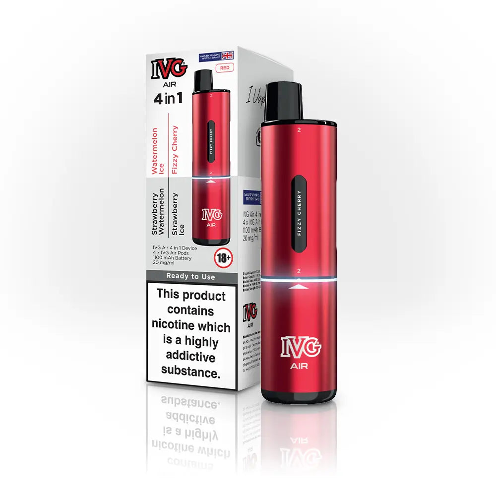 IVG AIR 4 in 1 prefilled pod vape kit in red, with packaging, featuring multiple flavours.