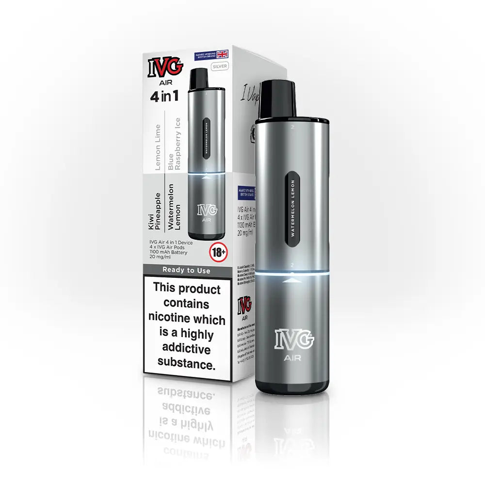 IVG AIR 4-in-1 prefilled pod vape kit in silver with branded packaging.