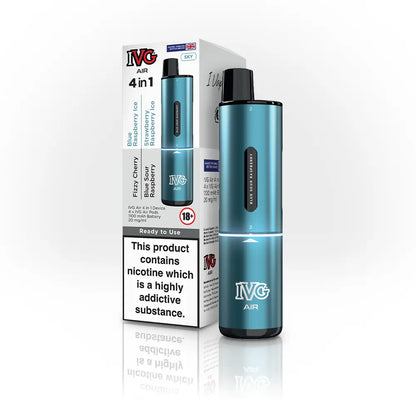 IVG Air 4-in-1 pod vape kit in Sky Edition, featuring blue raspberry ice and fizzy cherry flavours.